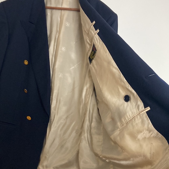 Vintage Sport Coat Mens 44S Navy Blue Wool Double Breast Peak Collar Gold Button - Picture 13 of 16